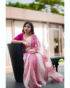 Últimas designer saree designer espelho trabalho flor design macio linho seda tecido impressão digital sari com blusa Índia