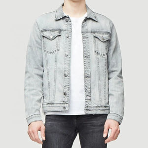 Blouson aviateur denim coupe ajustée en coton et élasthanne d'automne vintage avec logo brodé personnalisé Vestes jean pour hommes - Product Image 1