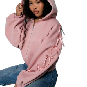 เสื้อมีฮู้ดสำหรับผู้หญิง, ผ้าฝ้ายออร์แกนิค100% โอเวอร์ไซส์สีทึบมีซิปดีไซน์สายผูกโบว์ดีไซน์แบบผูกเป็นมิตรต่อสิ่งแวดล้อมโลโก้ด้านหน้า - Product Image 3