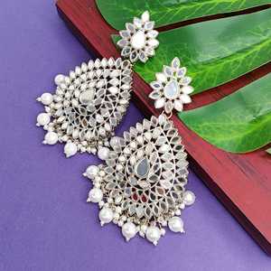 Indian Wholesale Oxidized Ethnic Floral <b>Earrings</b> Crystal Glass Stone Faux Pearl Indian Bridal Jewellery Dangle <b>Earring</b>, White - Product Image 2
