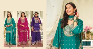 Últimas BeautifulHeavy Chinon Secuencia Bordado trabajo Kurti Palazzo Set para Mujeres Colección - Product Image 5