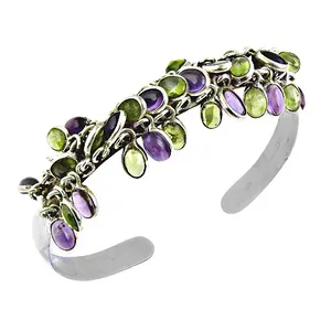 ART PALACE Bracelet manchette tendance en argent 925 avec améthyste et péridot taillés rond et ovale pour femme, idéal pour peaux sensibles, cadeau - Product Image 1