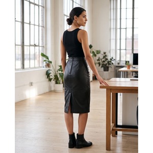 Jupe en cuir pour femme, style crayon, longueur midi, en cuir d'agneau véritable, taille haute, fente arrière, logo personnalisé, OEM, vente en gros - Product Image 5