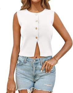 Débardeurs et T-shirts d'été pour femmes, mignons, respirants, avec logo frontal, col trou de serrure, sans manches, tricotés, style mode décontracté, modèle 2026 - Product Image 1