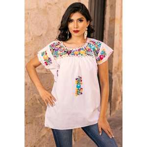 Womens Mexican Embroidered Blouse White Cotton Ethnic Floral Tunic <b>Top</b> Handmade Boho <b>Short</b> <b>Sleeve</b> - Product Image 1