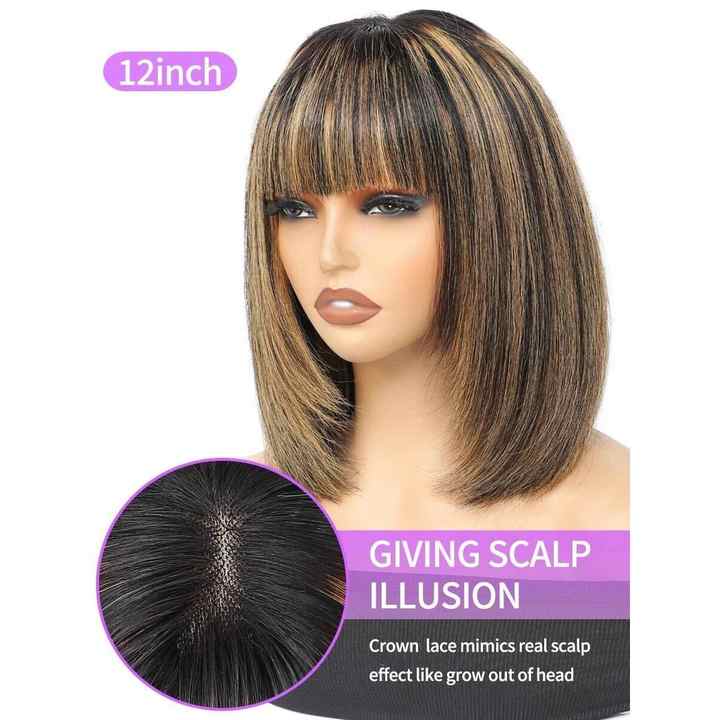EINbeauty Brown Highlight Bob Layer Cut Short Bob Wig With Bang Human Hair