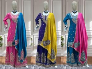 Traje Palazzo de Diseñador Gulkayra en Seda Chinon con Elegante Bordado de Secuencia Codificada, Perfecto para Fiestas y Eventos Festivos - Product Image 6