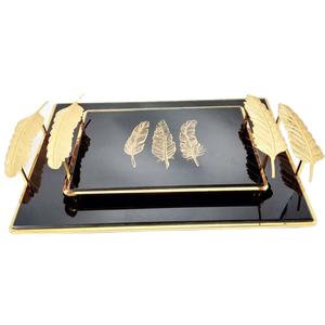 Ensemble de 2 plateaux de service tendance pour Restaurant à domicile, plateau en métal et en verre, plateau de service pour thé et café, forme ronde, couleur noire, fournitures d'hôtel - Product Image 1