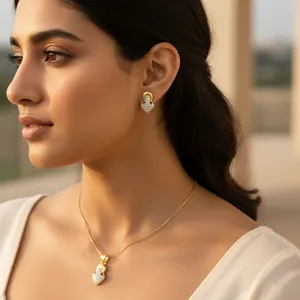 Ensemble de boucles d'oreilles et pendentif en pierre naturelle plaqué or de luxe avec perle en argent 925 - Bijoux fins pour femmes, cadeau - Product Image 1