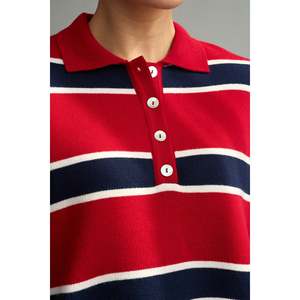 Pull rayé à col polo rouge et bleu marine - Product Image 2