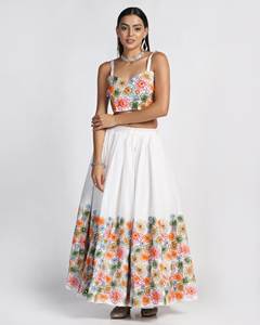 Nueva fiesta atractiva Lehenga Choli con Dupatta Color blanco flor impresa bordado trabajo secado rápido - Product Image 5