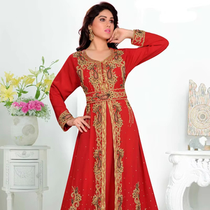 Caftanes islámicos Georgette bordados rojos con hijab a prueba de sol. - Product Image 1