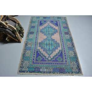 Alfombra de lana turca Vintage de 3,7x6 pies, diseño de retazos de felpa hecho a mano, clásico, azul, púrpura para adolescentes, respaldo de látex para sala de estar - Product Image 1