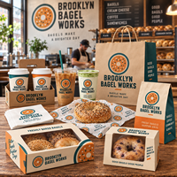 Ensemble d'emballages en papier pour bagels personnalisés AT PACK avec sacs imprimés, papier d'emballage, boîtes, gobelets à café et fournitures à emporter pour café