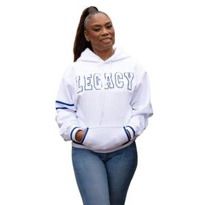 Stylish White Varsity Legacy Hoodie for Sorority Members Winter Greek Apparel Customizable Soft Cotton Chenille Embroidered - Product Image 1