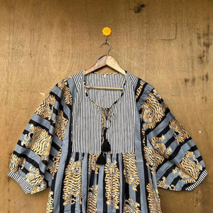 Robe d'été bohème hippie pour femmes filles en coton imprimé de blocs col profond Midi Mini longueur Loose Natural String Closure for - Product Image 1