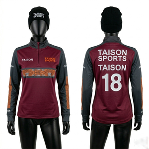 Sudadera deportiva para mujer de alta calidad, 300 GSM, tela de poliéster y elastano, base color granate, paneles de manga negros, logotipo sublimado personalizado. - Product Image 2