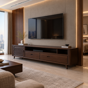 Mueble Moderno de Madera Maciza con Puerta Corredera de Persiana, Cajones y Estantes Abiertos para TV, Muebles de Sala de Estar Estilo Mediados de Siglo - Product Image 5