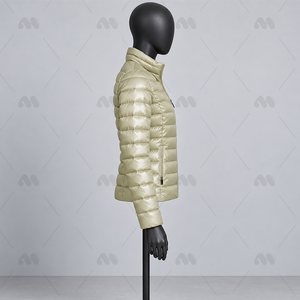 Women's Raw Woven Quilted Jacket <b>Light</b> Beige Full Sleeve Stand Collar Zipper Closure Winter Wear Silk <b>Shell</b> Polyester Wadding - Product Image 4