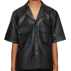 Chemise en cuir de haute qualité, coupe ample, manches courtes, col, design et logo personnalisés, noir, style streetwear, chemises en cuir pour hommes, en gros - Product Image 1