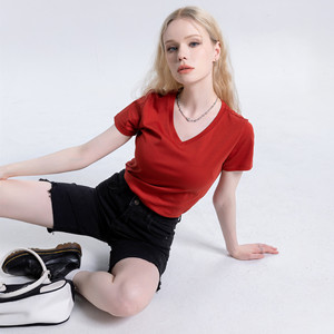 Premium Quality V Neck Women's T <b>Shirt</b> Plain Color Tee with Logo Printing Available Summer Cotton V neck T <b>Shirts</b> - Product Image 2