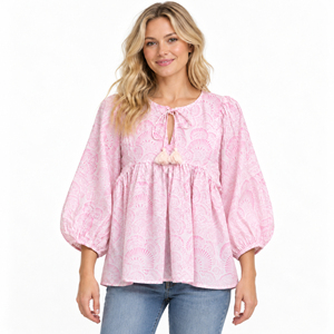 Blusa india con estampado de bloques para verano y otoño, diseño floral bohemio informal, tejida, transpirable, con botones, manga abullonada, de secado rápido, corta y pura. - Product Image 4