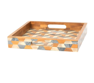 Bandeja para servir de madera con estampado geométrico marrón y gris - Product Image 3