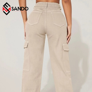 ขายส่งกางเกงคาร์โก้เอวสูงสตรีผ้าฝ้าย 100% สไตล์ลําลองสไตล์สตรีพร้อมกระเป๋าลายทึบเสื้อผ้าสุภาพสตรี - Product Image 3