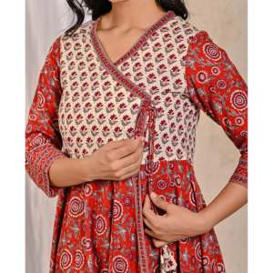 Vestido indio rojo Jaal Jaipuri estampado, Angrakha largo de algodón, Choli con Lehenga y Salwar, estilo Bollywood, Saree - Product Image 2