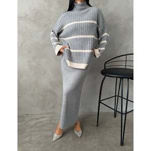 Conjunto de Dos Piezas Mybeefashion para Mujer: Suéter de Punto con Cuello Pescador y Falda - Atuendo Invernal Gris Acogedor, Talla Estándar - Product Image 1