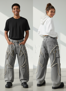 Pantalones cargo de mezclilla holgados de gran tamaño lavados Vintage personalizados para hombres, pantalones vaqueros de calle Y2K desgastados con detalle de cremallera, bordes deshilachados - Product Image 5