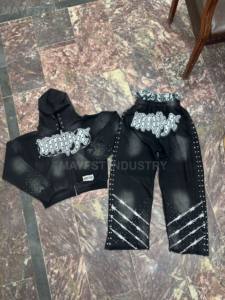 Venta al por mayor de chándal unisex de alta calidad 100% algodón cremallera completa diamantes de imitación bordado sol desteñido lavado con ácido tendencia sol desteñido - Product Image 2