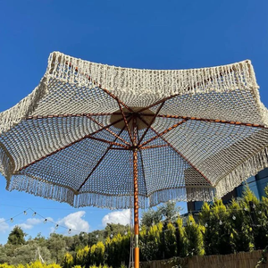 Parasol en macramé au crochet avec mât en bois, carré, pour jardin et plage, avec franges, pour cour, salle de sport, hôtel, jardin - Product Image 3
