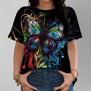 Art coloré T-shirt à motif de papillon coloré Personnalité à la mode Bas noir à manches courtes - Product Image 4
