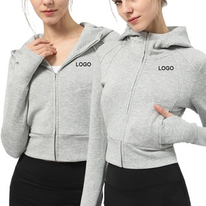 Femmes personnalisé imprimé haut court à capuche Streetwear col roulé fermeture éclair courte hiver coupe-vent 100% coton sport Fitness avant - Product Image 2