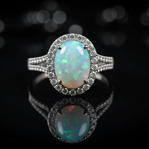 Premium Ethiopian Oval Cut <b>Vintage</b> <b>Opal</b> Engagement <b>Ring</b> | Dazzling Play-of-Color | 925 Sterling Silver Double Halo <b>Ring</b> - Product Image 1