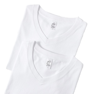 OEM logo 250gsm 100% algodón mujeres cuello en V liso manga corta Camiseta logotipo impreso en blanco Unisex camiseta para hombres - Product Image 1