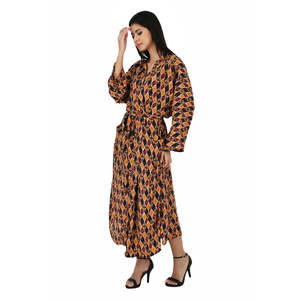 Women's Silk Sari Kimono Cami <b>Set</b> Brown Black Geometric Robe One Size Swimsuit Cover Ups - Product Image 4