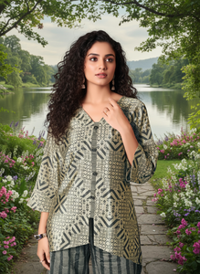 Ensemble coordonné élégant à imprimé floral pour femmes, kurta ethnique contemporain à coupe asymétrique, pantalon assorti, écharpe, tenue de soirée, polyester, séchage rapide - Product Image 2