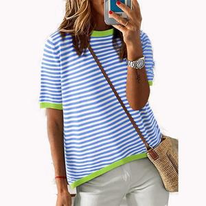Women <b>Striped</b> Knitted Breathable Eco-Friendly Viscose/Polyester Customizable T-<b>Shirts</b> Short Sleeve Summer Casual Regular Fit - Product Image 6