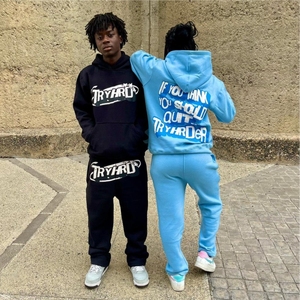 Fabricante de ropa Lavado con ácido Parche bordado desgastado Sudadera Pantalones de chándal acampanados y conjuntos de Sudadera con capucha recortada - Product Image 4