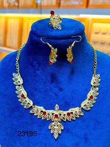 Traditional Gold-Plated Leaf Design Necklace <b>Set</b> with Red Stone Accents Model no 23193 - Product Image 2