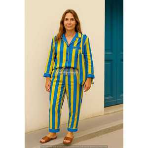Conjunto de Pijama de Algodón Floral Boho Hecho a Mano, Ropa de Dormir Suave con Estampado a Bloques, Cintura Elástica con Cierre de Botones para Damas de Honor, Personalizable ODM - Product Image 1