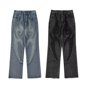 Nuevos pantalones vaqueros transpirables bordados de retales para hombre, pantalones vaqueros acampanados holgados desgastados para hombre al por mayor - Product Image 1