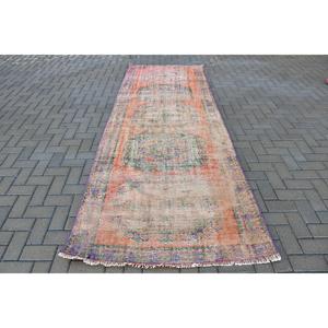 Vintage 4x10.5 ft <b>Rug</b>, <b>Runner</b> Turkish <b>Rug</b>, Orange Ikat Wool <b>Rug</b> - Product Image 1