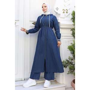 Survêtement long à capuche en denim bleu foncé avec taille élastique, style décontracté midi MSW19370-2 - Product Image 3