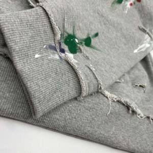 เสื้อฮู้ดดี้วินเทจทรงโอเวอร์ไซส์แบบซิป ผู้ชาย ผ้าฝ้ายผสมโพลีเอสเตอร์ แต่งขาด กระเป๋าจิงโจ้ ผ้าเฟรนช์เทอร์รี่ ลุคดิสเทรส - Product Image 4