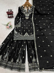 Chinon Silk Plazo Set para mujer hilo y lentejuelas trabajo con encaje Dupatta estilo Bollywood Ropa Étnica lista para usar 2025 - Product Image 5