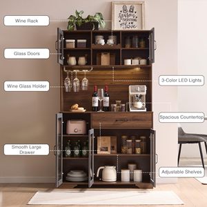 <span class=keywords><strong>Buffet</strong></span> de cuisine haut en noyer foncé avec portes vitrées, grand meuble de rangement pour café avec casier à vin et tiroir - Product Image 4