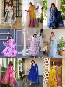 Anarkali พิมพ์ Kurti สำหรับผู้หญิงอินเดียในเสื้อผ้าชาติพันธุ์ความยาวของแป้งมาใหม่ล่าสุดแขนปกติคอเรือสีฟ้า - Product Image 4